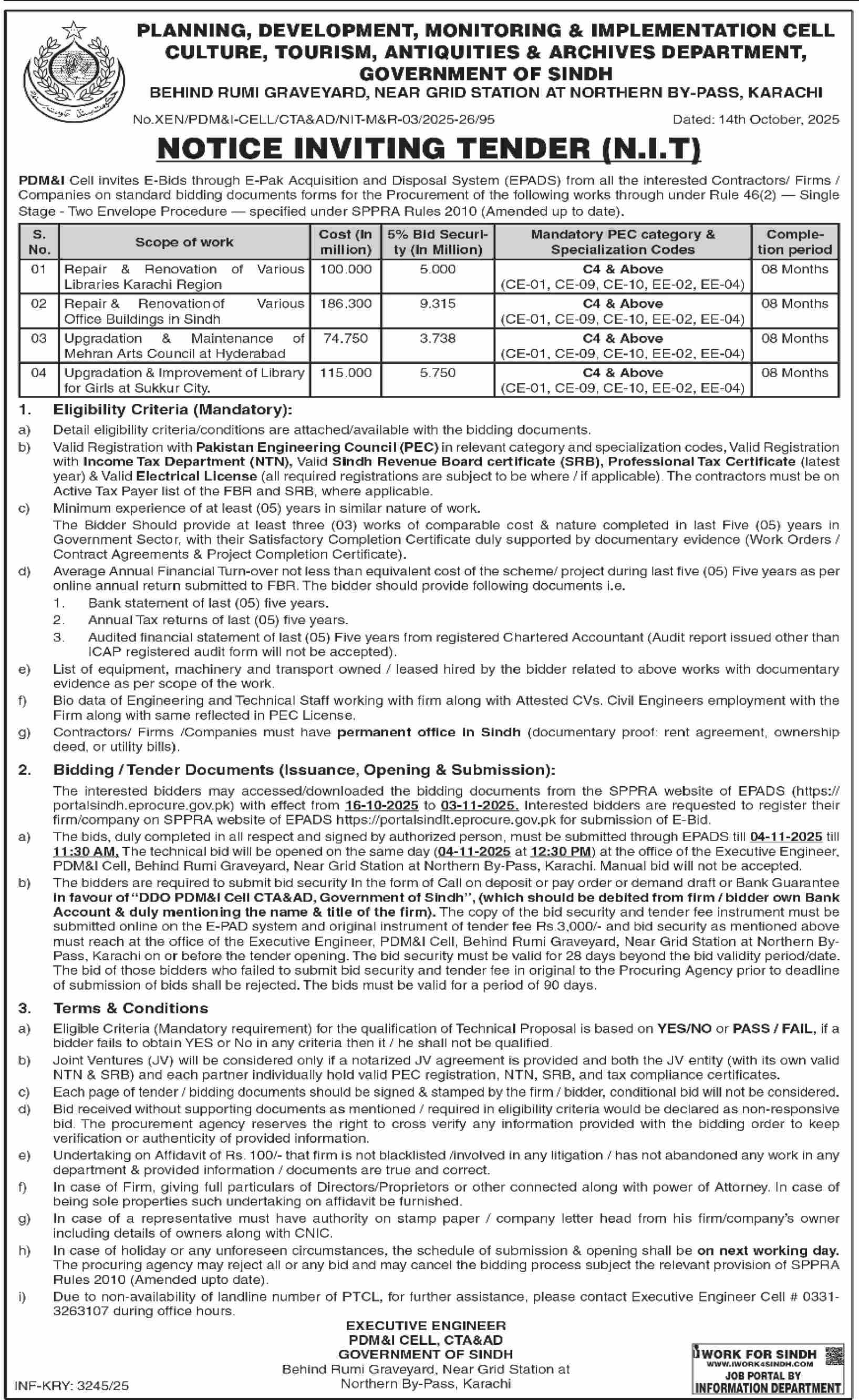 Planning, Development, Monitoring & Implementation Department Sindh Tender Notice